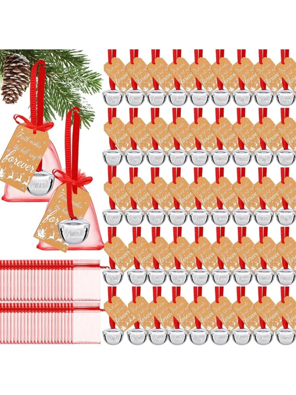 200 Pcs Silver Christmas Bell Ornaments with Ribbon & Festive Words